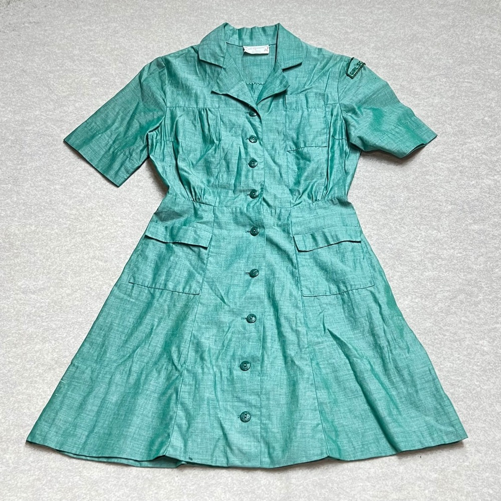 Vintage Official Girl Scouts Green Cotton Button Front Uniform Dress Kids Patch